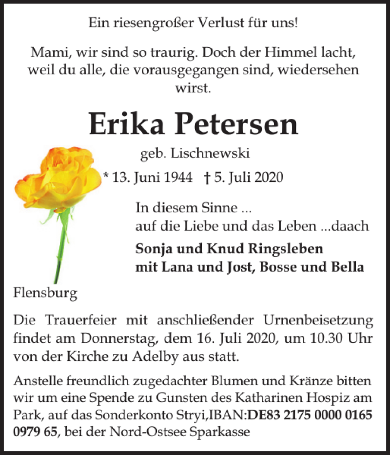  Traueranzeige für Erika Petersen vom 09.07.2020 aus Flensburger Tageblatt