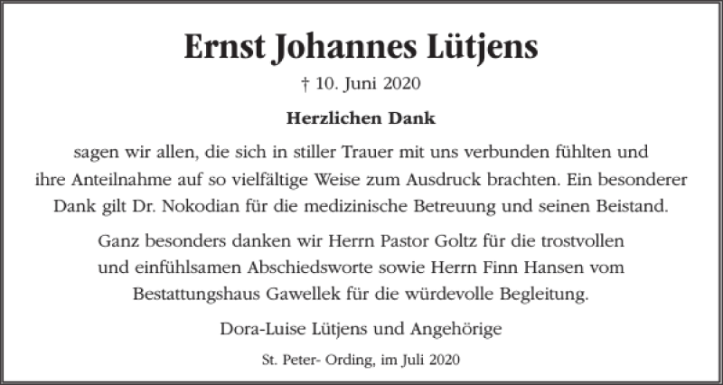  Traueranzeige für Ernst Johannes Lütjens vom 18.07.2020 aus Husumer Nachrichten