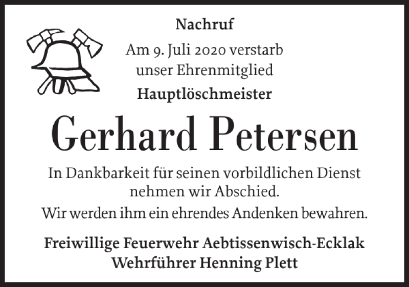  Traueranzeige für Gerhard Petersen vom 22.07.2020 aus Norddeutsche Rundschau