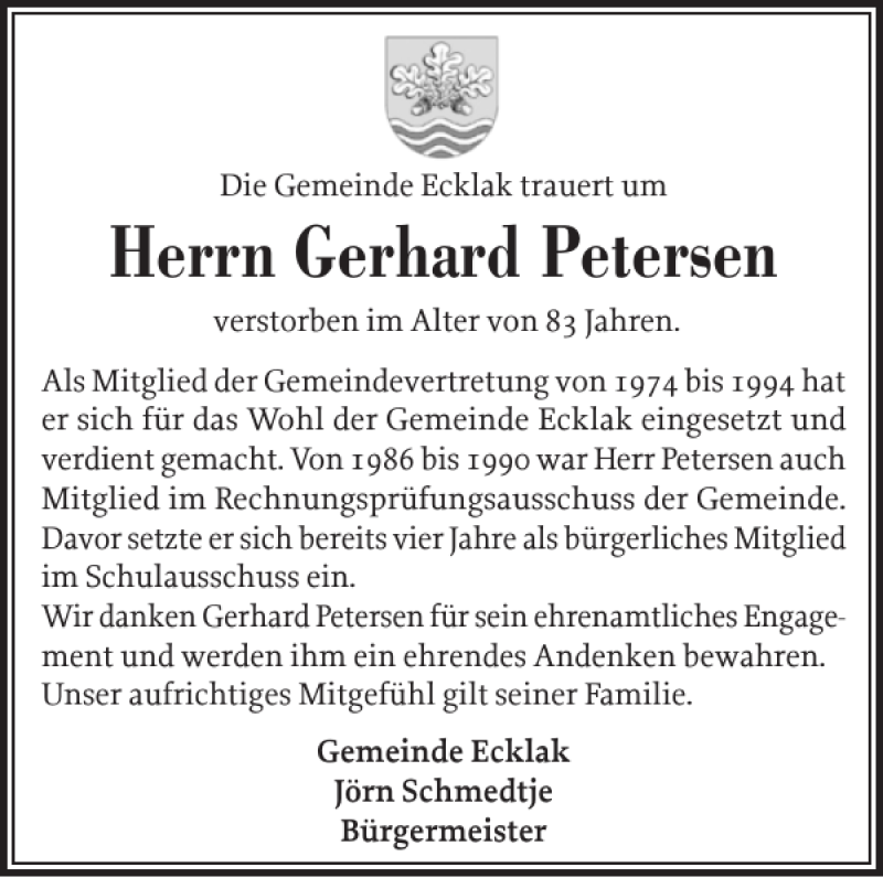  Traueranzeige für Gerhard Petersen vom 16.07.2020 aus Norddeutsche Rundschau