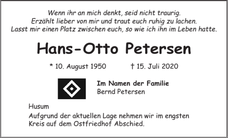  Traueranzeige für Hans-Otto Petersen vom 25.07.2020 aus Husumer Nachrichten