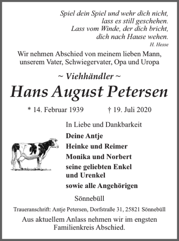  Traueranzeige für Hans August Petersen vom 21.07.2020 aus Husumer Nachrichten