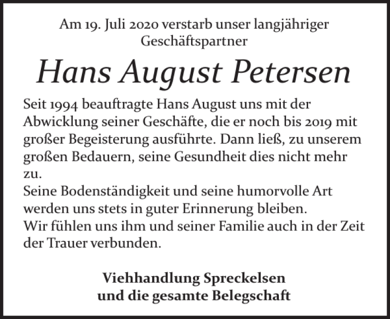 Traueranzeige für Hans August Petersen vom 24.07.2020 aus Husumer Nachrichten
