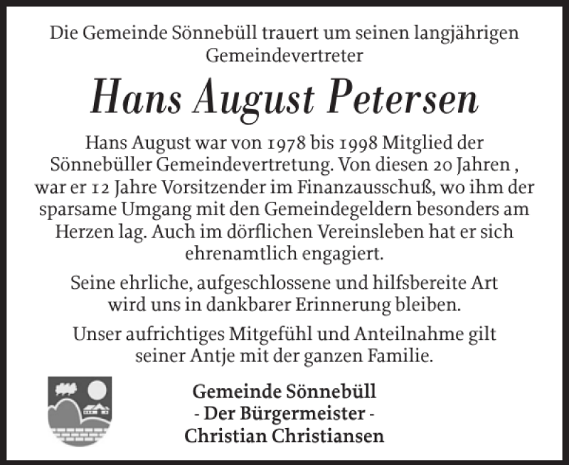  Traueranzeige für Hans August Petersen vom 23.07.2020 aus Husumer Nachrichten