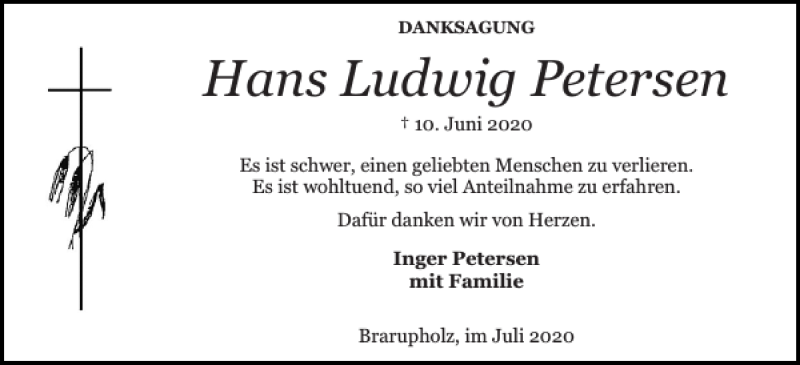  Traueranzeige für Hans Ludwig Petersen vom 11.07.2020 aus Schlei-Bote