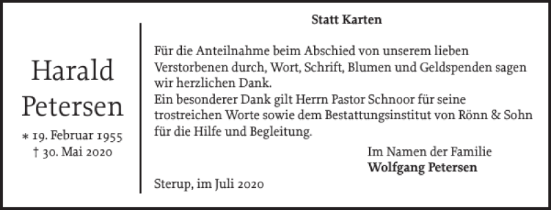  Traueranzeige für Harald Petersen vom 04.07.2020 aus Flensburger Tageblatt