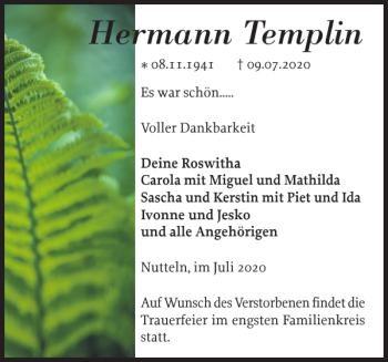 Traueranzeige von Hermann Templin von Norddeutsche Rundschau