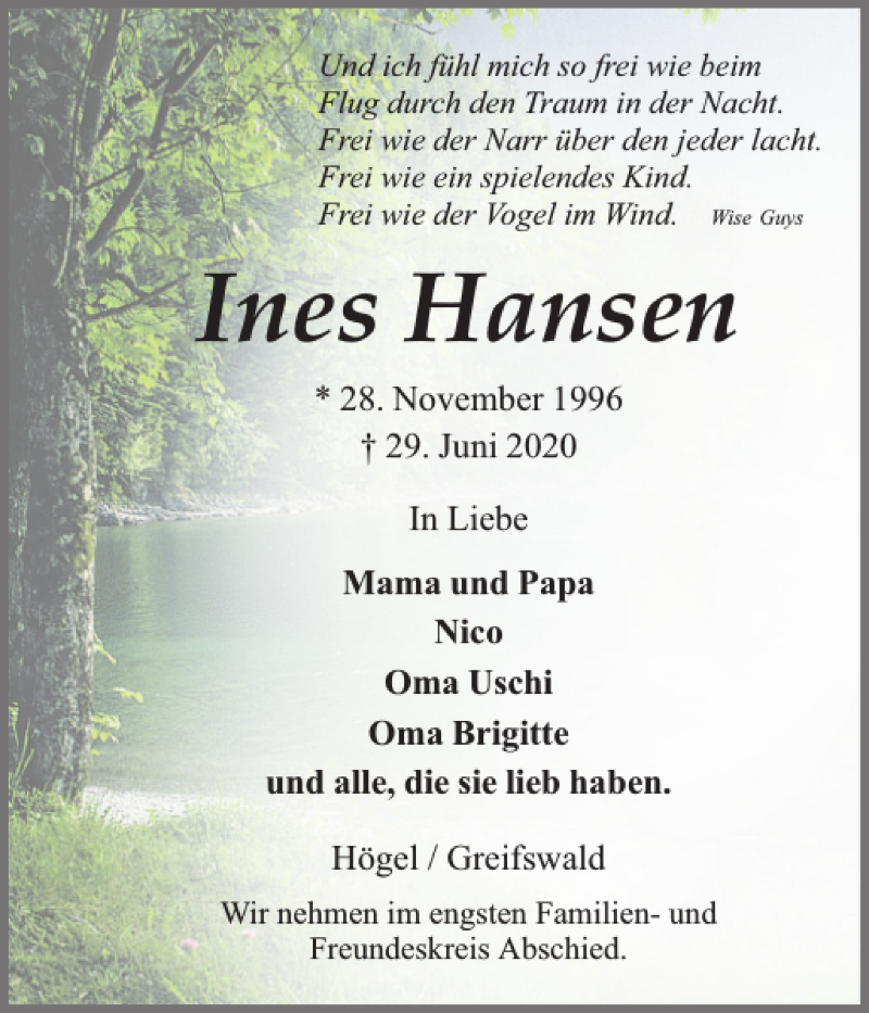  Traueranzeige für Ines Hansen vom 03.07.2020 aus Husumer Nachrichten