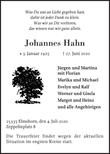Traueranzeige von Johannes Hahn von Elmshorner Nachrichten