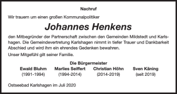 Traueranzeige von Johannes Henkens von Husumer Nachrichten