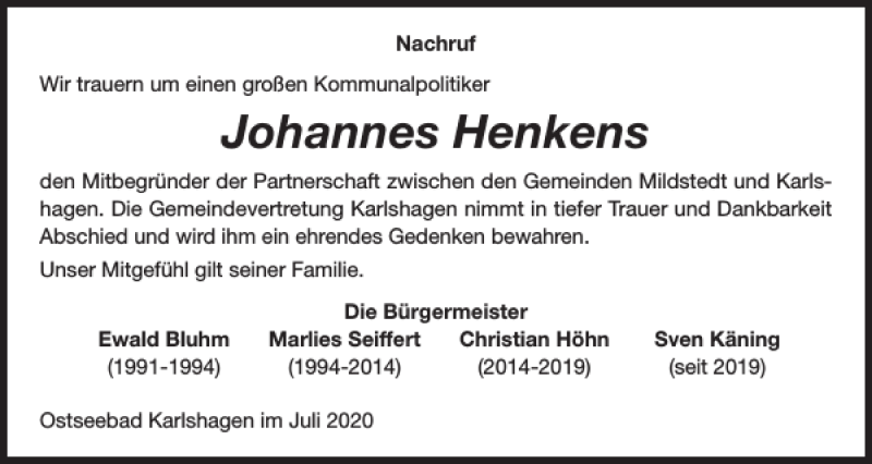  Traueranzeige für Johannes Henkens vom 06.07.2020 aus Husumer Nachrichten