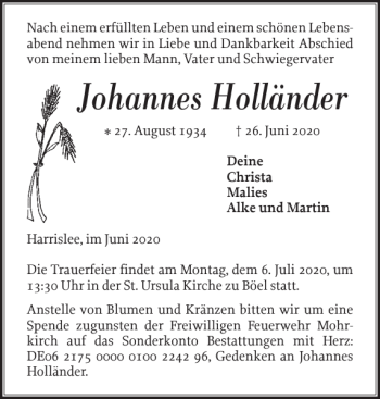 Traueranzeige von Johannes Holländer von Flensburger Tageblatt
