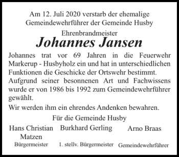 Traueranzeige von Johannes Jansen von Flensburger Tageblatt