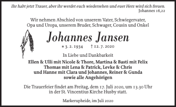 Traueranzeige von Johannes Jansen von Flensburger Tageblatt