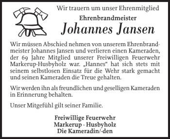 Traueranzeige von Johannes Jansen von Flensburger Tageblatt