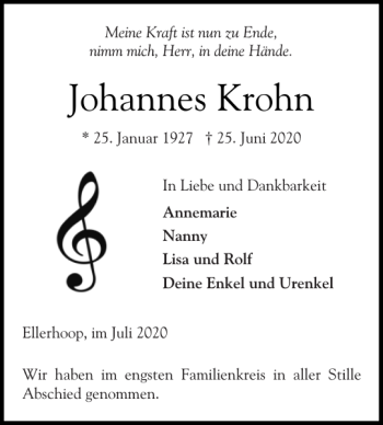 Traueranzeige von Johannes Krohn von Elmshorner Nachrichten