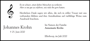 Traueranzeige von Johannes Krohn von Elmshorner Nachrichten