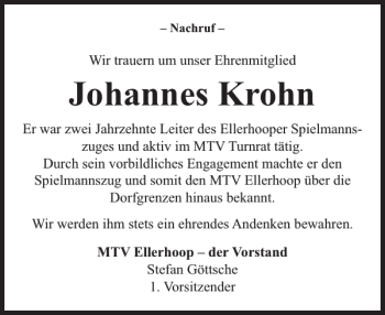 Traueranzeige von Johannes Krohn von Elmshorner Nachrichten