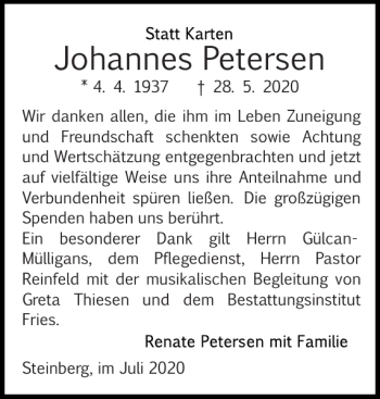 Traueranzeige von Johannes Petersen von Flensburger Tageblatt