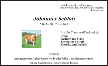 Traueranzeige von Johannes Schlott von Flensburger Tageblatt
