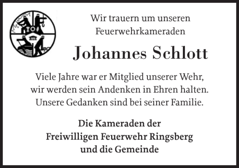  Traueranzeige für Johannes Schlott vom 13.07.2020 aus Flensburger Tageblatt