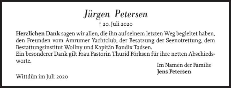  Traueranzeige für Jürgen Petersen vom 31.07.2020 aus Der Insel-Bote