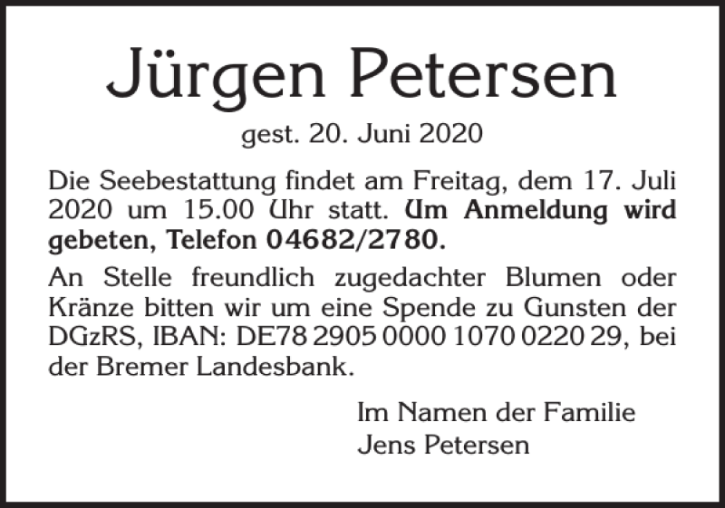  Traueranzeige für Jürgen Petersen vom 14.07.2020 aus Der Insel-Bote