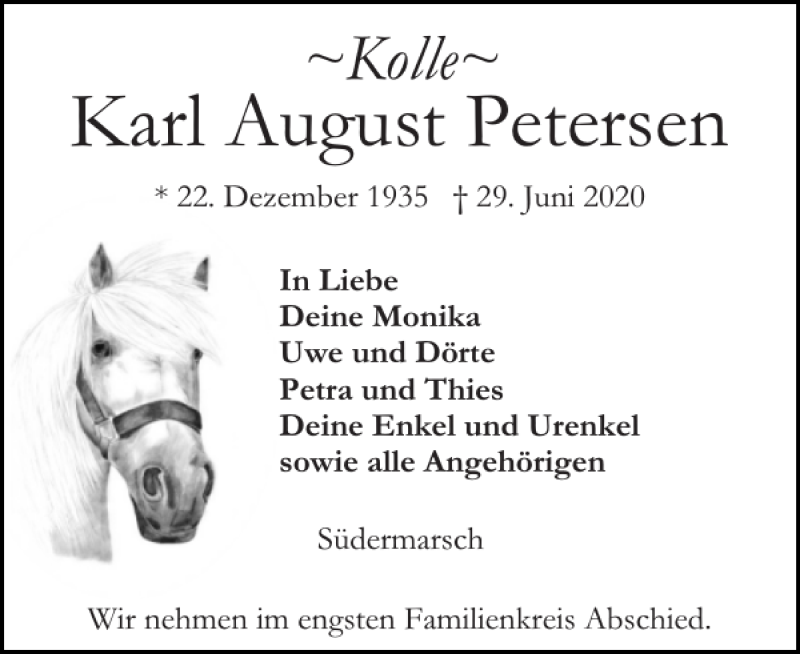  Traueranzeige für Karl August Petersen vom 04.07.2020 aus Husumer Nachrichten