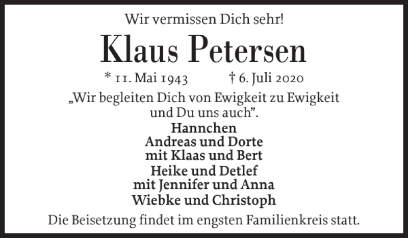  Traueranzeige für Klaus Petersen vom 18.07.2020 aus Holsteinischer Courier