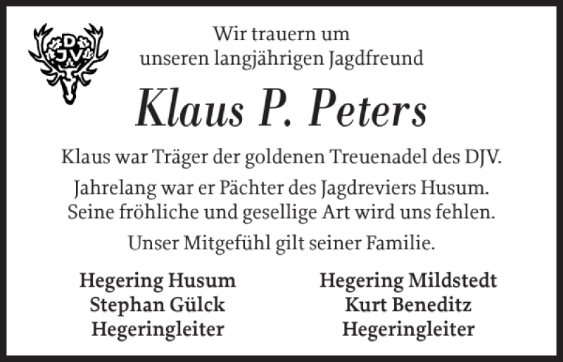  Traueranzeige für Klaus P. Peters vom 18.07.2020 aus Husumer Nachrichten