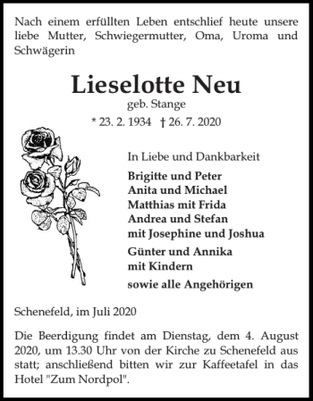 Traueranzeige von Lieselotte Neu von Norddeutsche Rundschau
