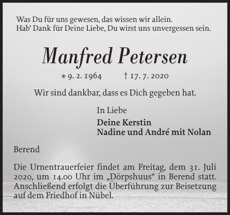  Traueranzeige für Manfred Petersen vom 25.07.2020 aus Schleswiger Nachrichten