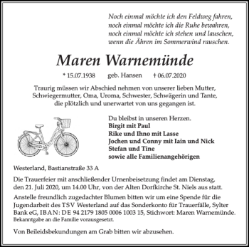 Traueranzeige von Maren Warnemünde von Sylter Rundschau