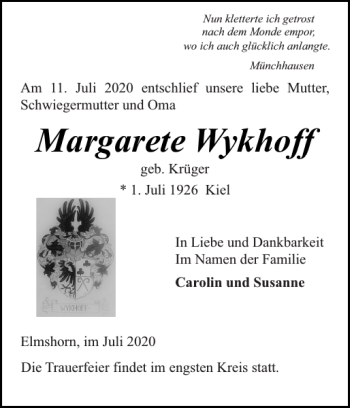 Traueranzeige von Margarete Wykhoff von Elmshorner Nachrichten