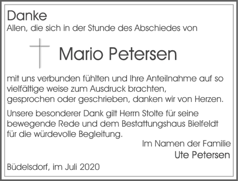  Traueranzeige für Mario Petersen vom 04.07.2020 aus Landeszeitung