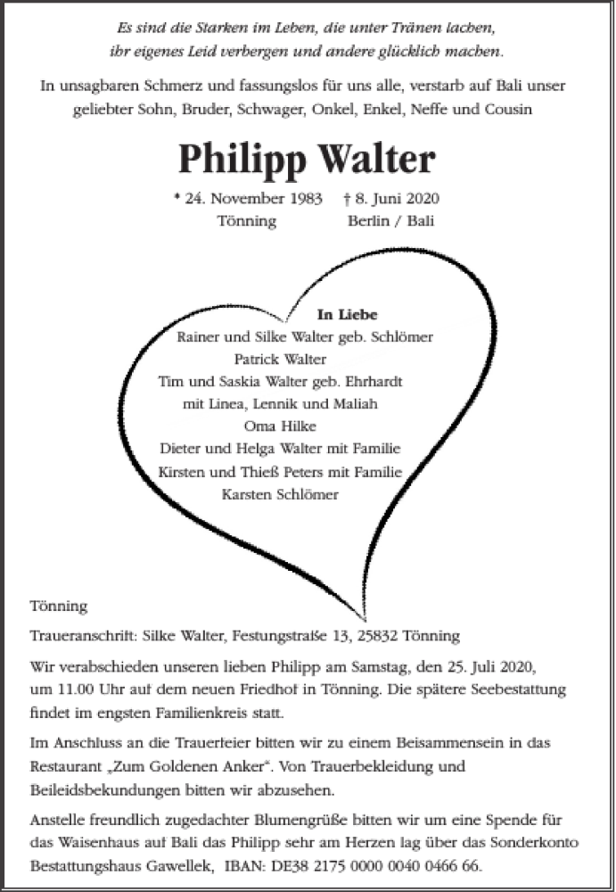  Traueranzeige für Philipp Walter vom 23.07.2020 aus Husumer Nachrichten