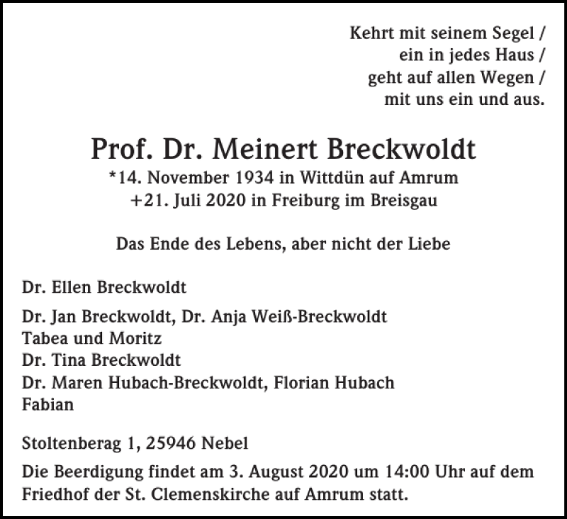  Traueranzeige für Prof. Dr. Meinert Breckwoldt vom 27.07.2020 aus Der Insel-Bote