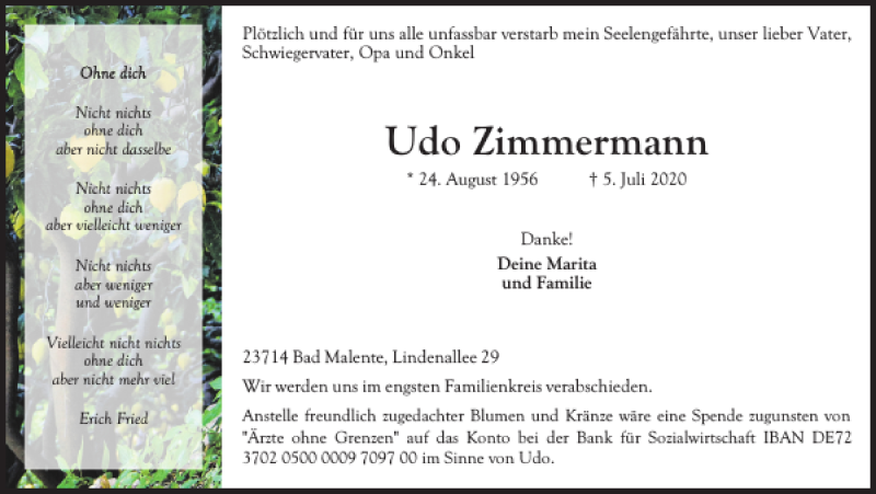 Traueranzeige für Udo Zimmermann vom 09.07.2020 aus Ostholsteiner Anzeiger