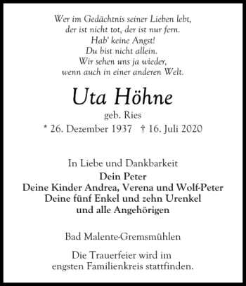 Traueranzeige von Uta Höhne von Ostholsteiner Anzeiger