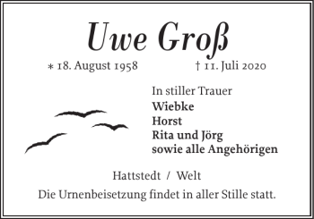 Traueranzeige von Uwe Groß von Husumer Nachrichten