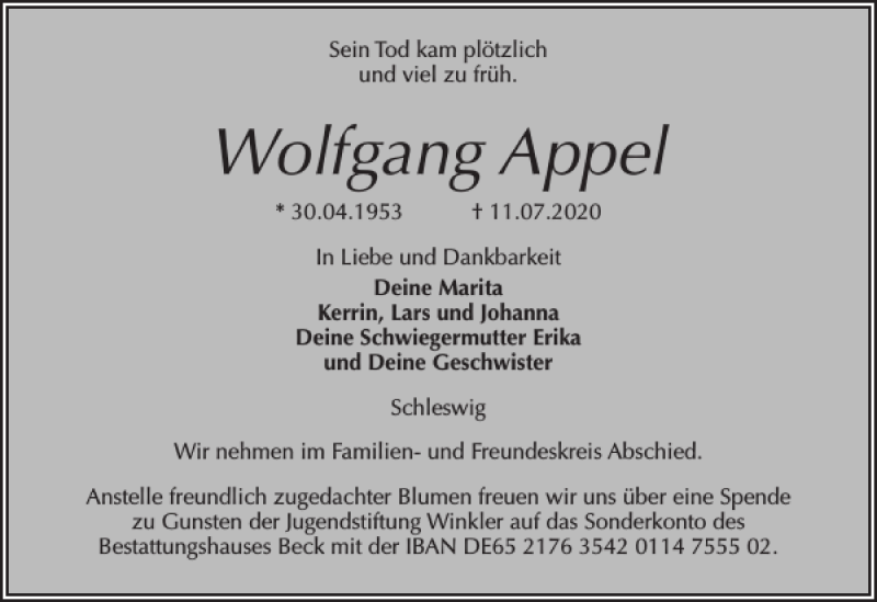  Traueranzeige für Wolfgang Appel vom 18.07.2020 aus Schleswiger Nachrichten