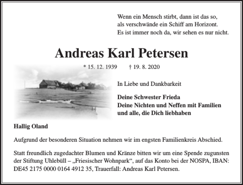  Traueranzeige für Andreas Karl Petersen vom 26.08.2020 aus Husumer Nachrichten