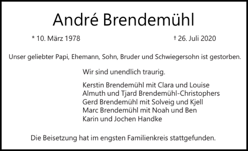  Traueranzeige für André Brendemühl vom 08.08.2020 aus Elmshorner Nachrichten