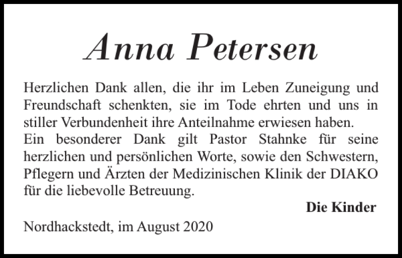  Traueranzeige für Anna Petersen vom 15.08.2020 aus Flensburger Tageblatt