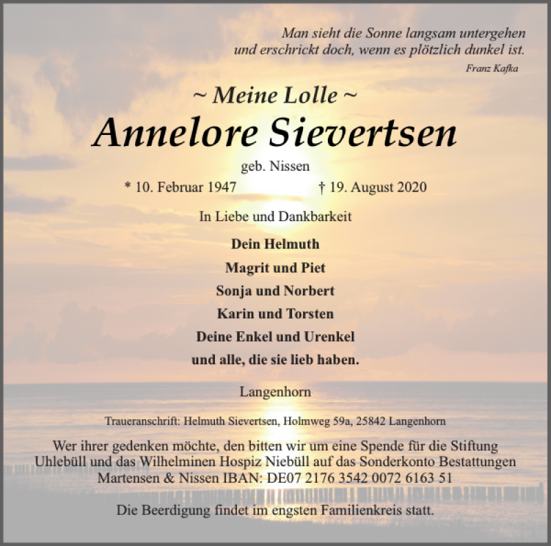  Traueranzeige für Annelore Sievertsen vom 21.08.2020 aus Husumer Nachrichten