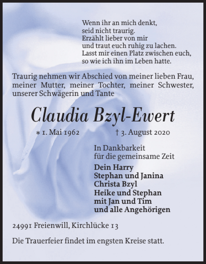  Traueranzeige für Claudia Bzyl-Ewert vom 08.08.2020 aus Flensburger Tageblatt