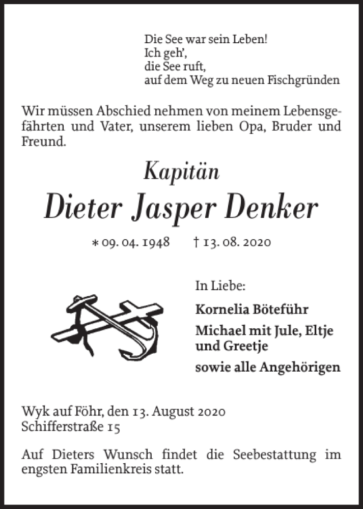  Traueranzeige für Dieter Jasper Denker vom 15.08.2020 aus Der Insel-Bote