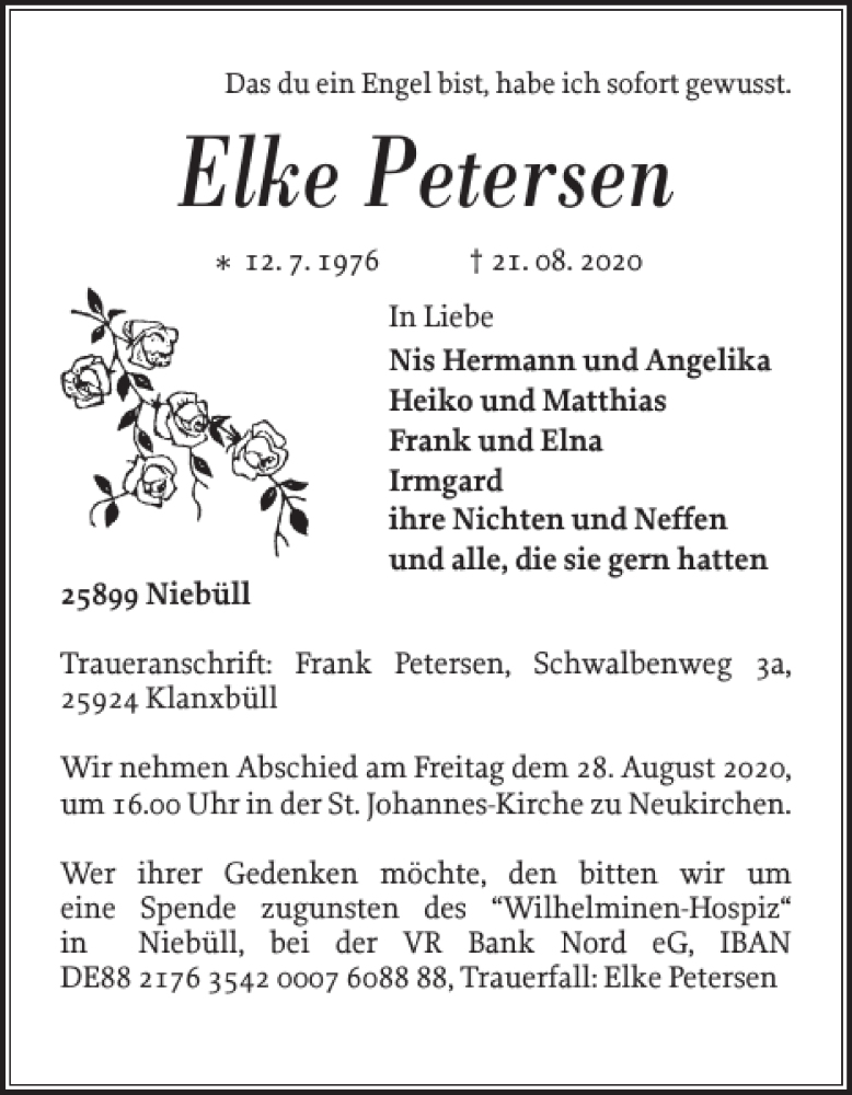  Traueranzeige für Elke Petersen vom 27.08.2020 aus Nordfriesland Tageblatt