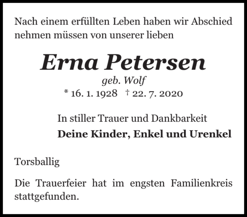  Traueranzeige für Erna Petersen vom 01.08.2020 aus Flensburger Tageblatt