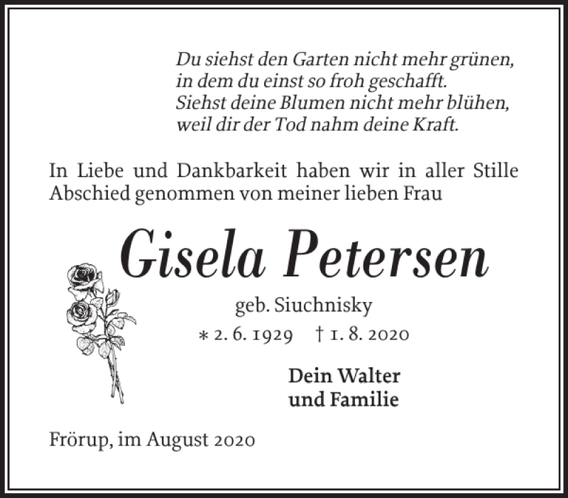  Traueranzeige für Gisela Petersen vom 07.08.2020 aus Flensburger Tageblatt